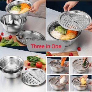 3 In 1 Multifunctional Stainless Steel Basin With Vegetable Cutter + Drain Basket.