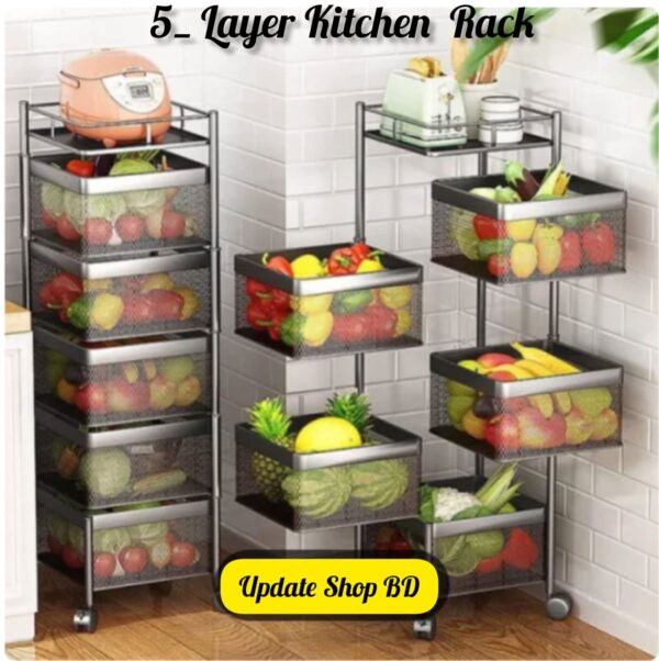 Multi 5 Layer (Square) Full Metal Fruit/Vegetable ,Kitchen Storage Rack with Wheels.( 360° Rotating ) - Image 2